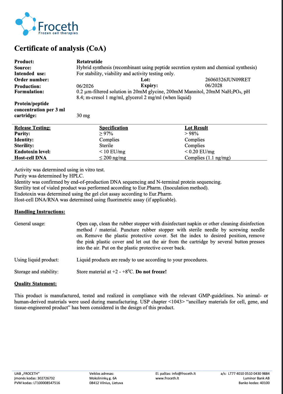 Certificate of analysis for Retatrutide, batch 26060326JUN09RET